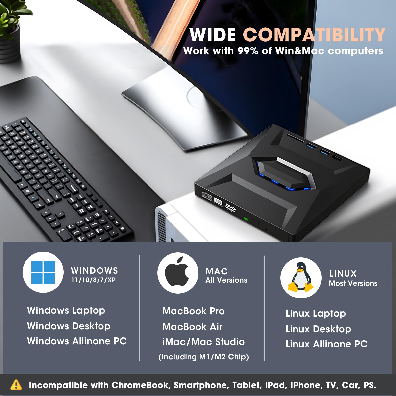 Roofull External Cd Dvd Drive Player Cd Burner With Usb 3.0/Usb C Ports Hub And Sd Card Reader, Portable Cd Dvd Rom +/ Rw Optica